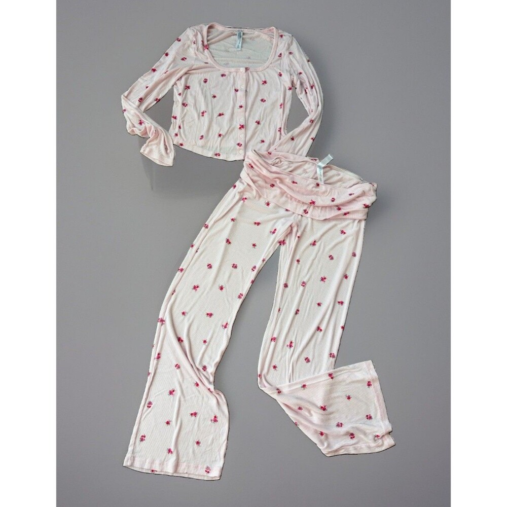 Wild Fable Pink Floral Ribbed Pajama Set Foldover Waistband Flare Pants M